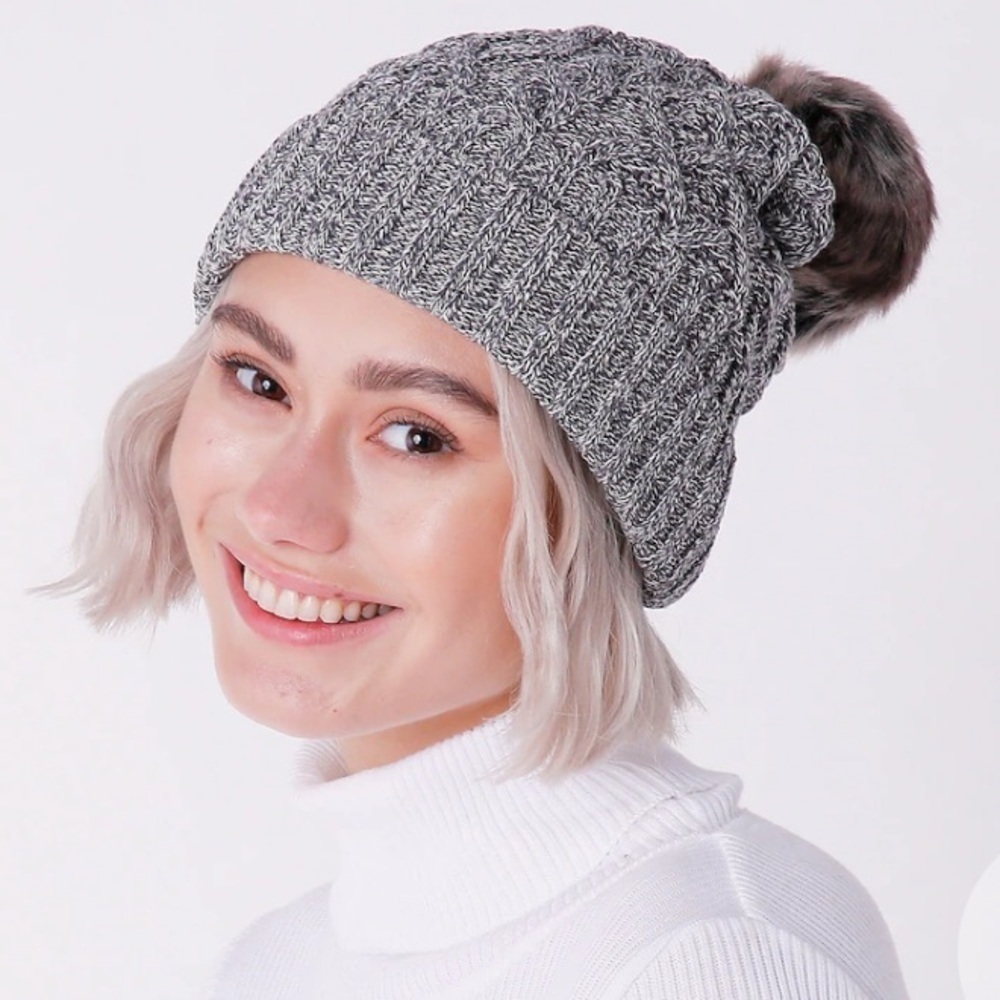 Parkhurst Cable Knit Beanie Hat in Gray With Faux Fur Pom Pom